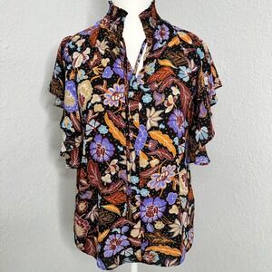 Tahari Floral Print Ruffle Sleeve Blouse Smocked Neck‎ Women's Top